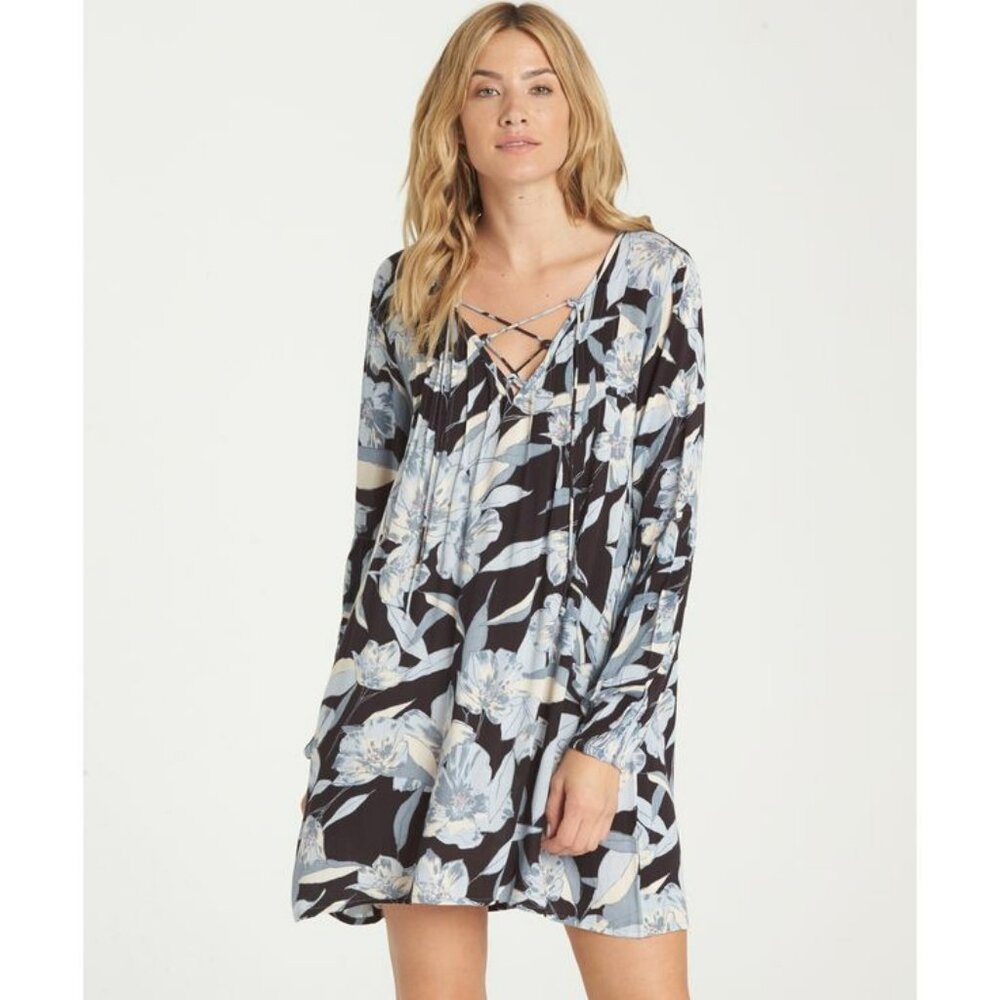 Billabong Just Like You Lace-Up Shift Dress Tunic Floral Blue XS NWT